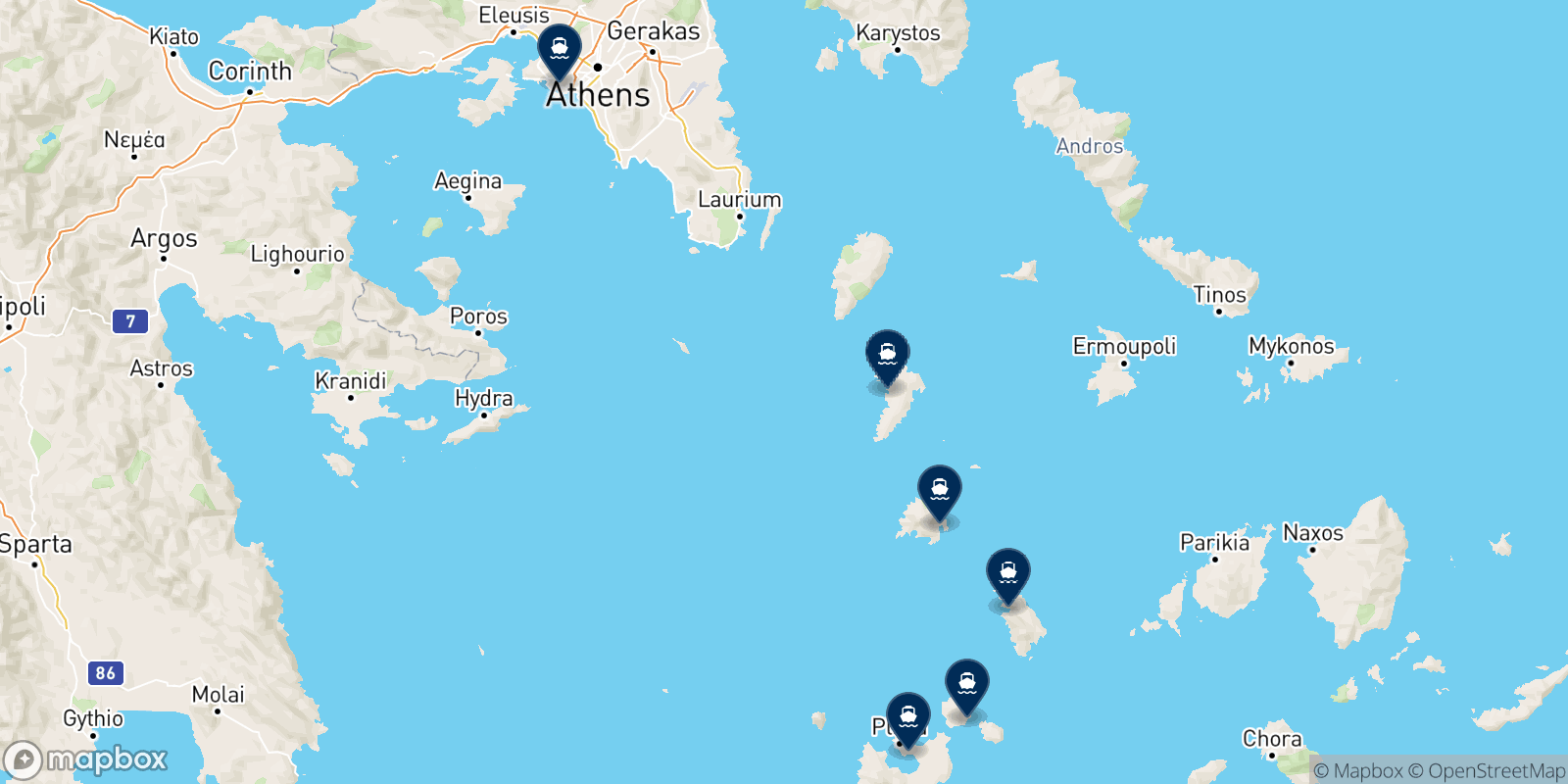 Mapa de los destinos Aegean Sea Lines