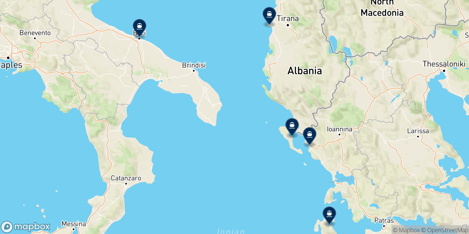 Mapa de los destinos Ventouris Ferries