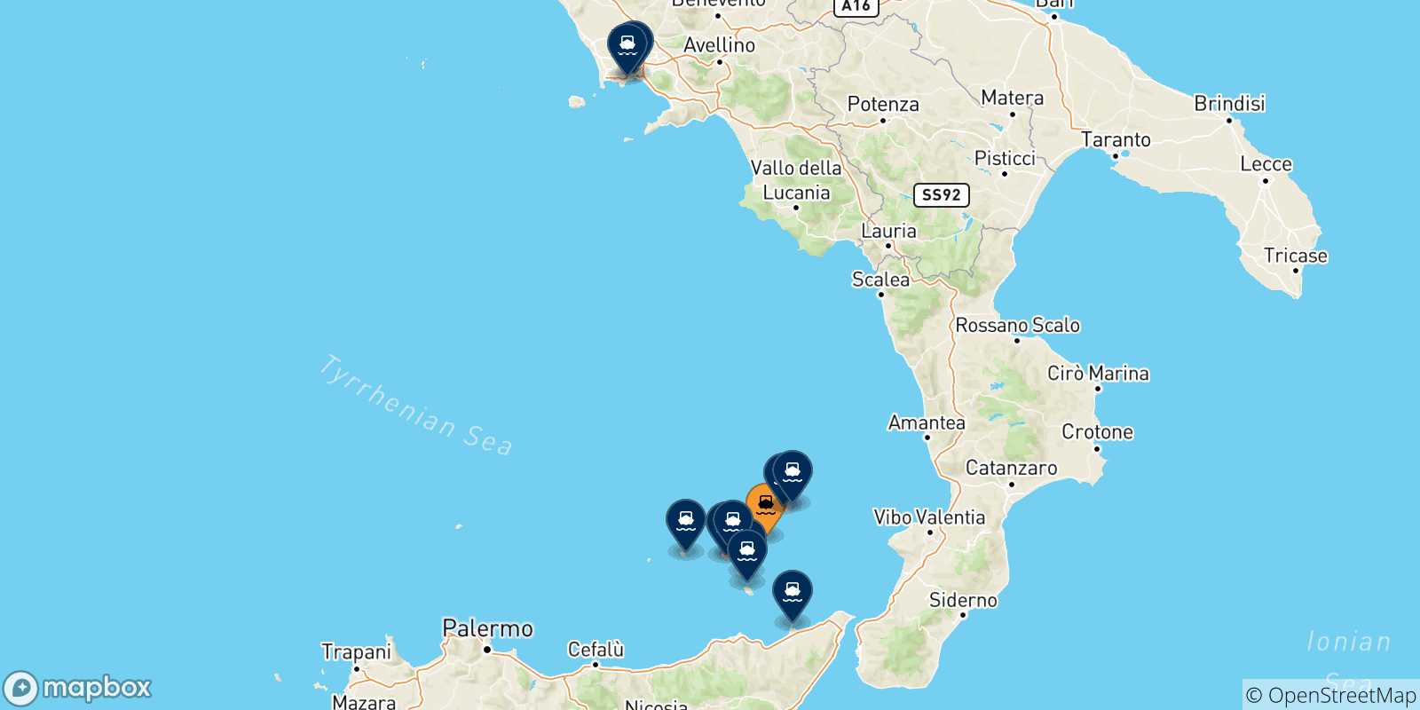 Mapa de las posibles rutas entre Panarea y  Italia
