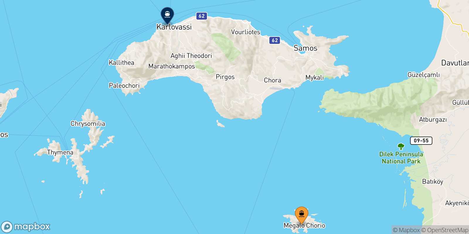 Mapa de la ruta Agathonisi Pythagorio (Samos)