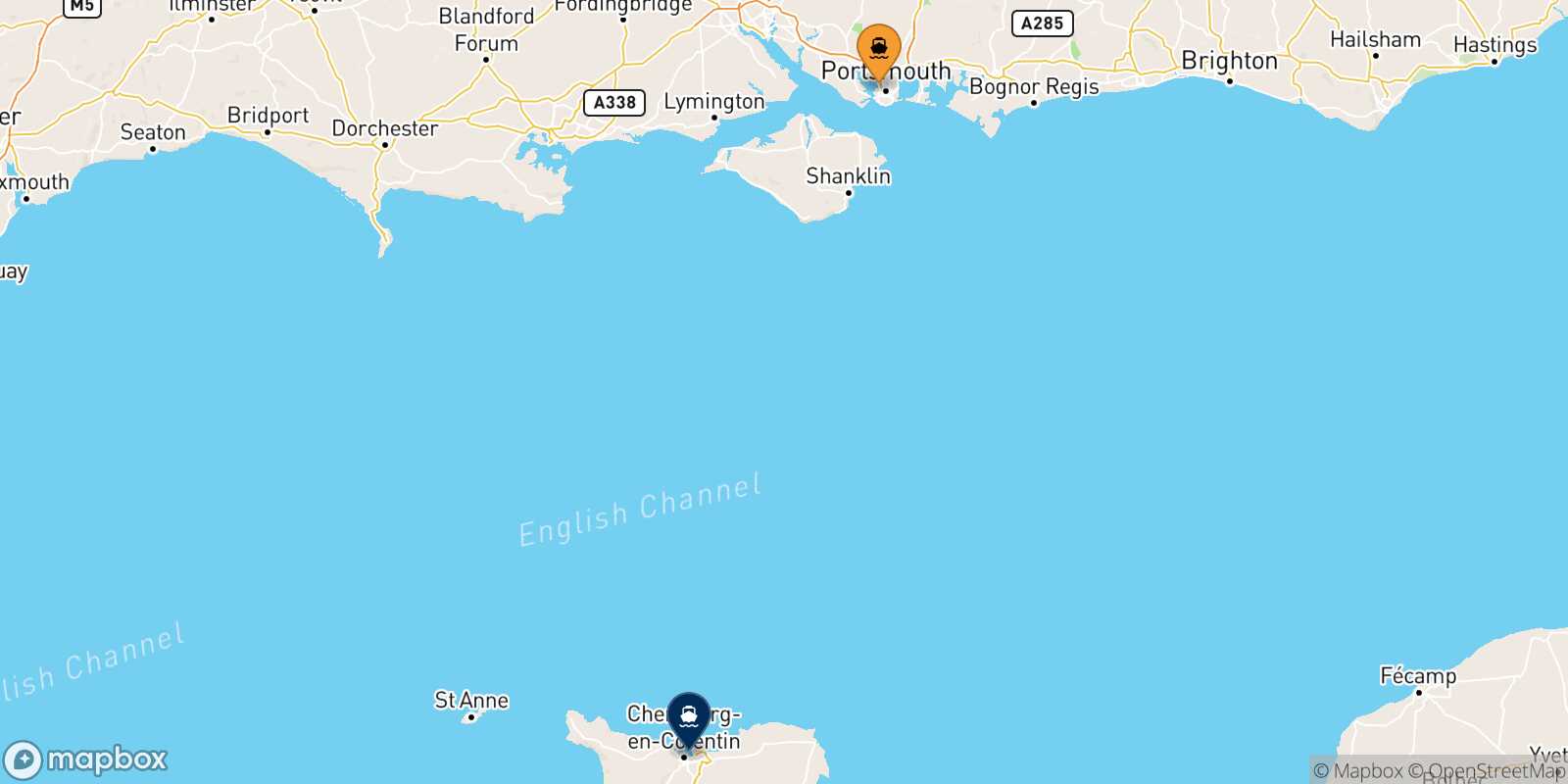 Mapa de la ruta Portsmouth Cherbourg