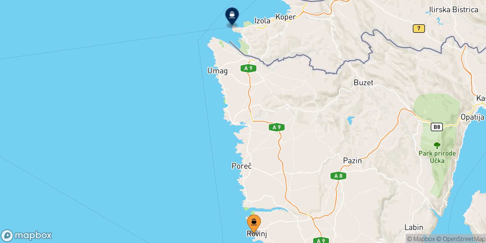 Mapa de la ruta Rovinj Piran