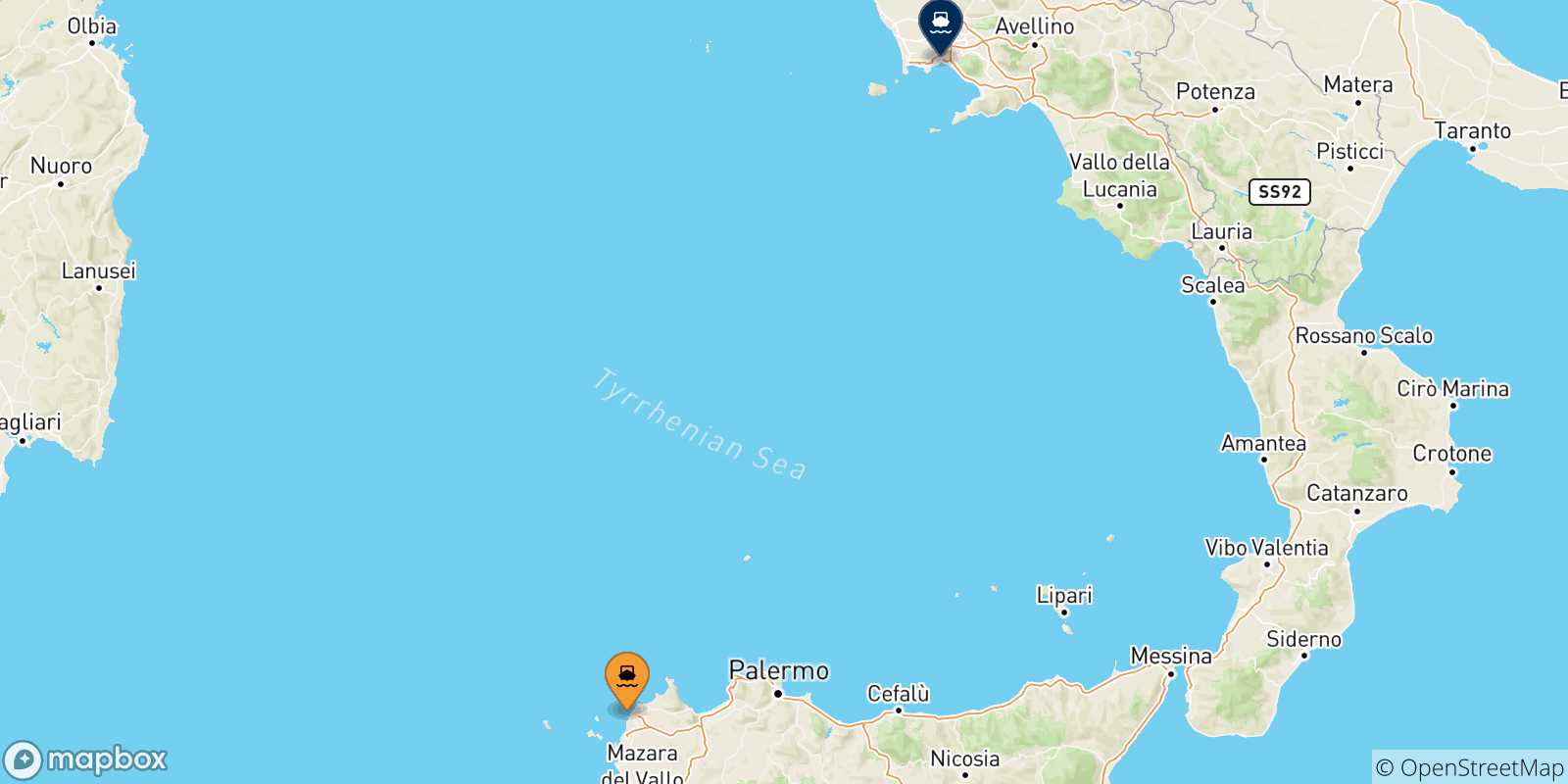 Mapa de las posibles rutas entre Sicilia y  Nápoles Beverello
