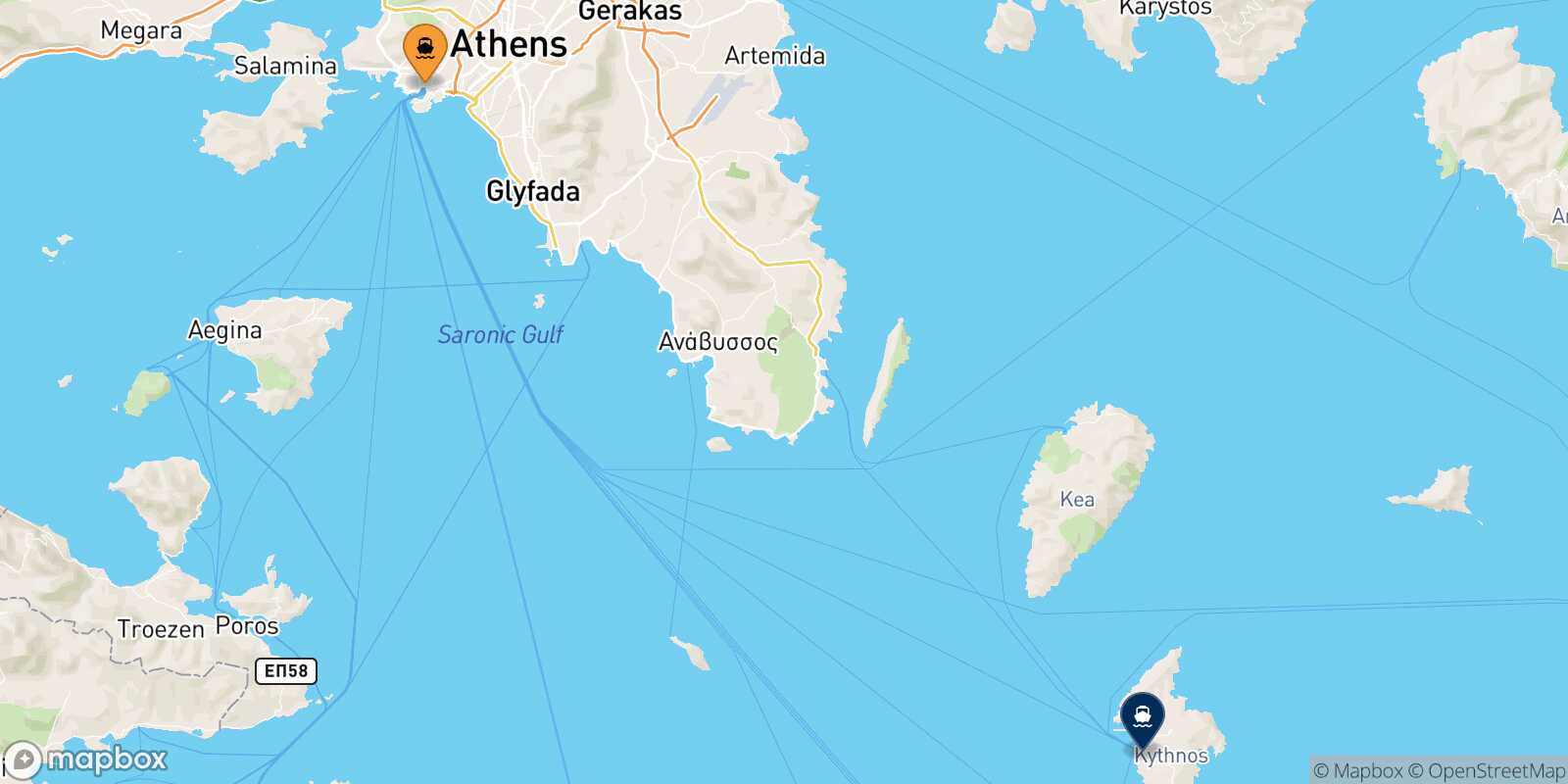 Mapa de la ruta El Pireo Kythnos