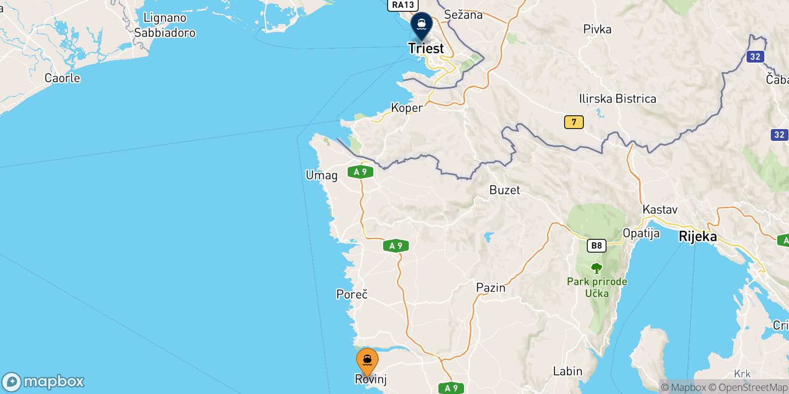 Mapa de la ruta Rovinj Trieste
