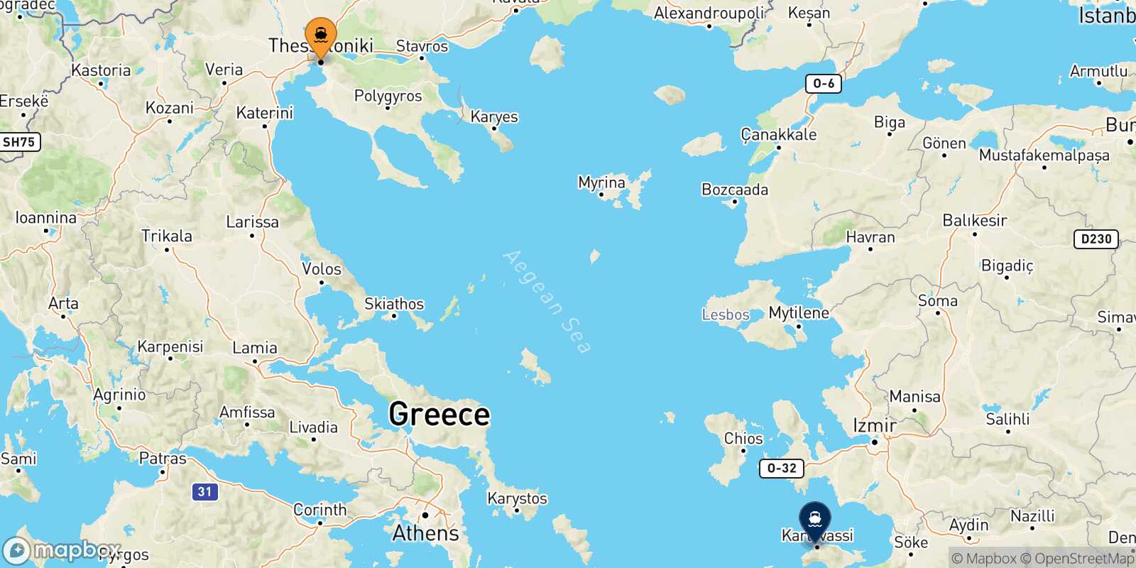 Mapa de la ruta Salónica Karlovassi (Samos)