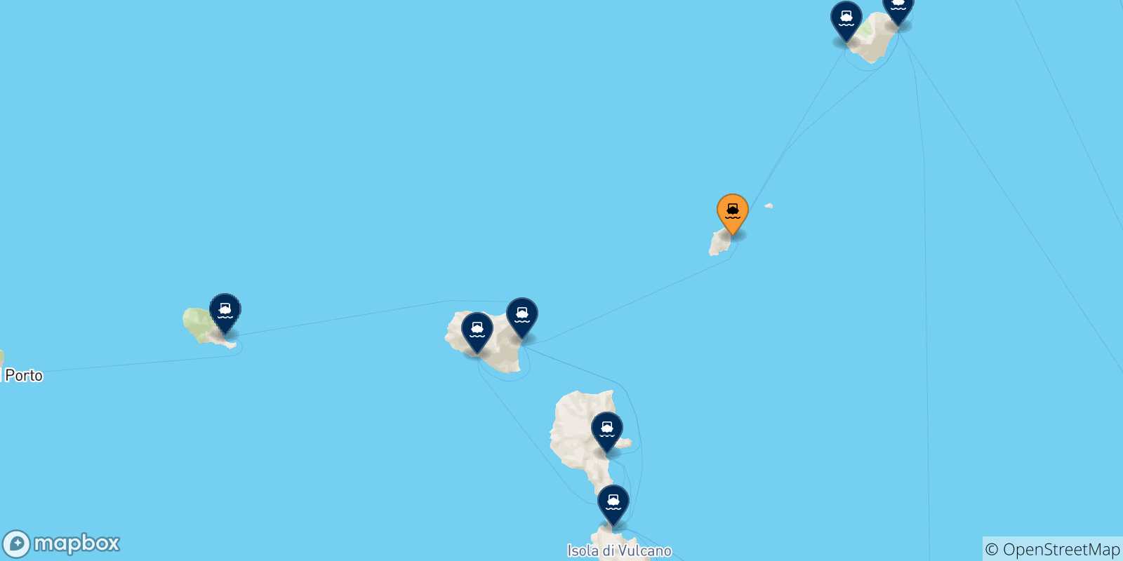 Mapa de las posibles rutas entre Panarea y  Islas Eólicas