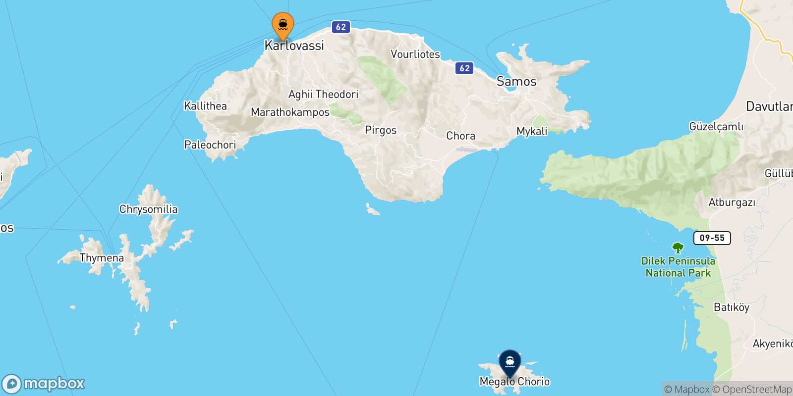 Mapa de la ruta Pythagorio (Samos) Agathonisi