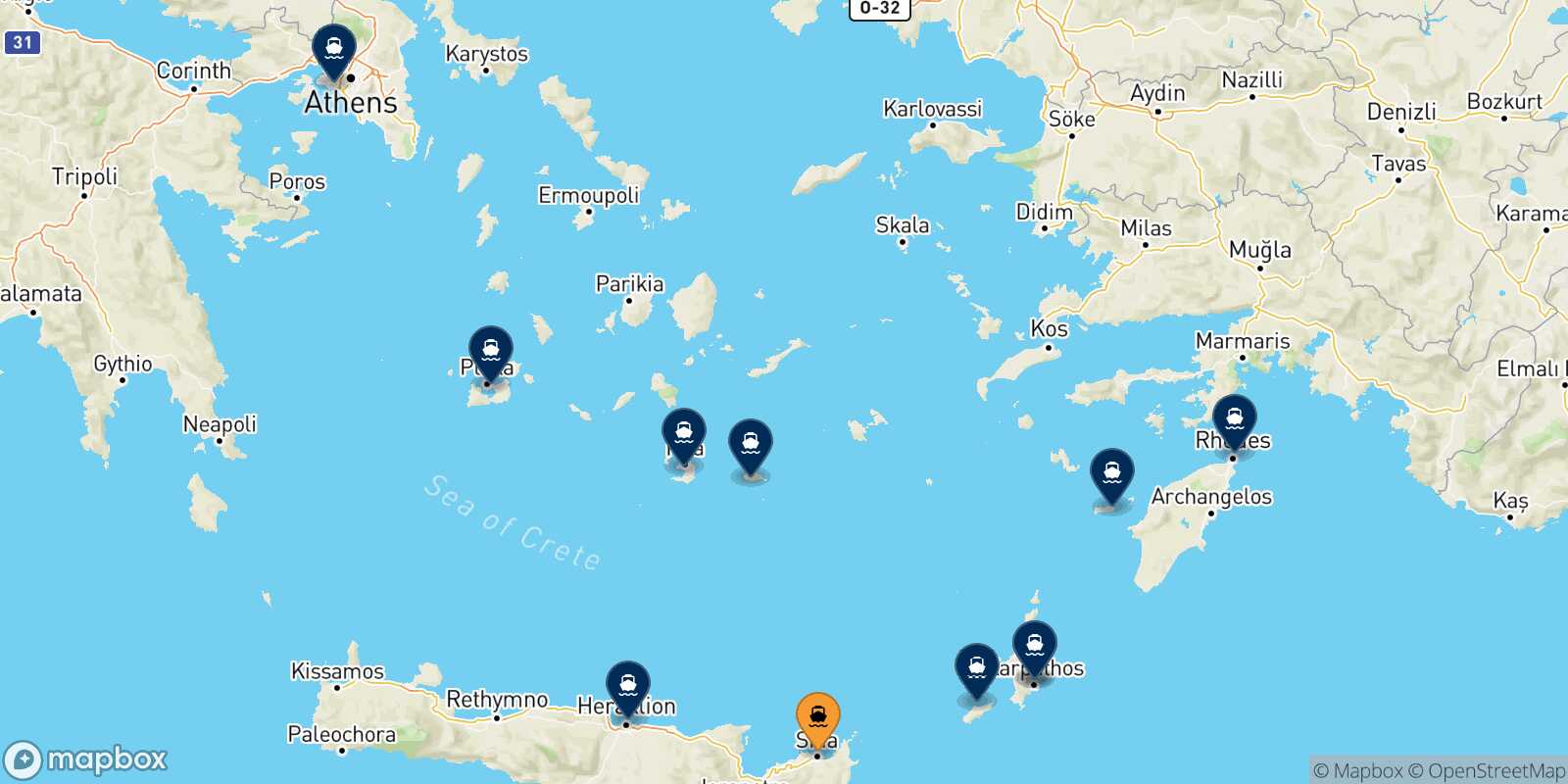 Mapa de los destinos alcanzables de Sitia