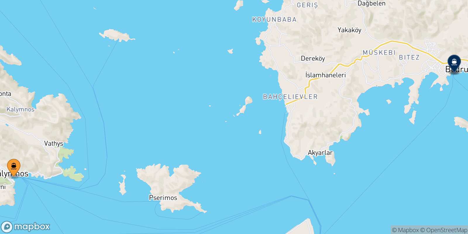Mapa de los destinos alcanzables de Kalymnos
