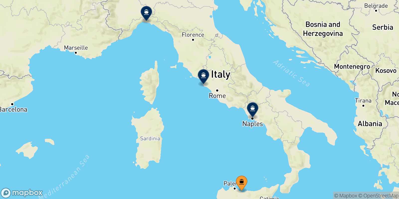 Mapa de los destinos alcanzables de Termini Imerese