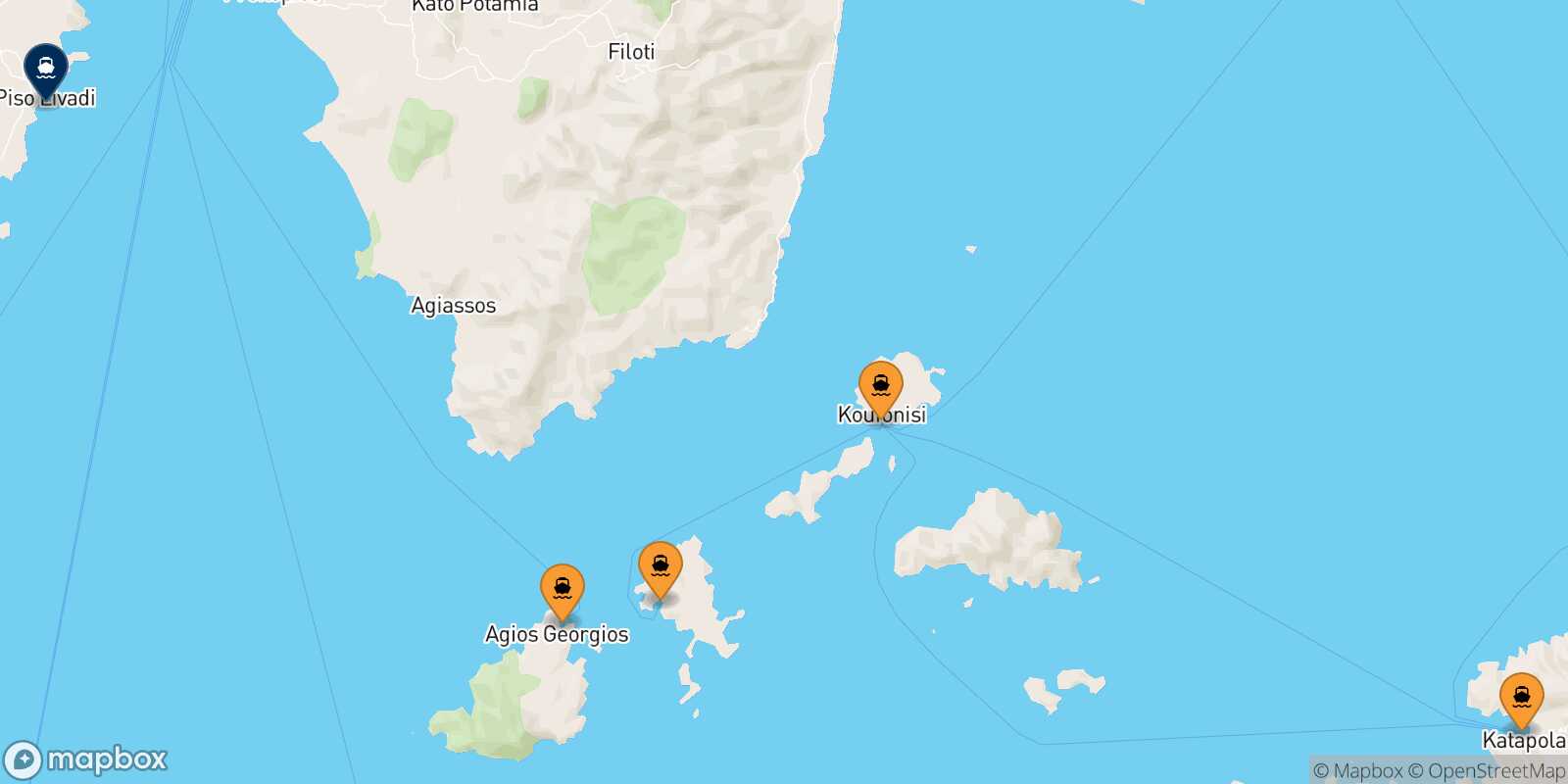 Mapa de los puertos conectados con  Piso Livadi (Paros)
