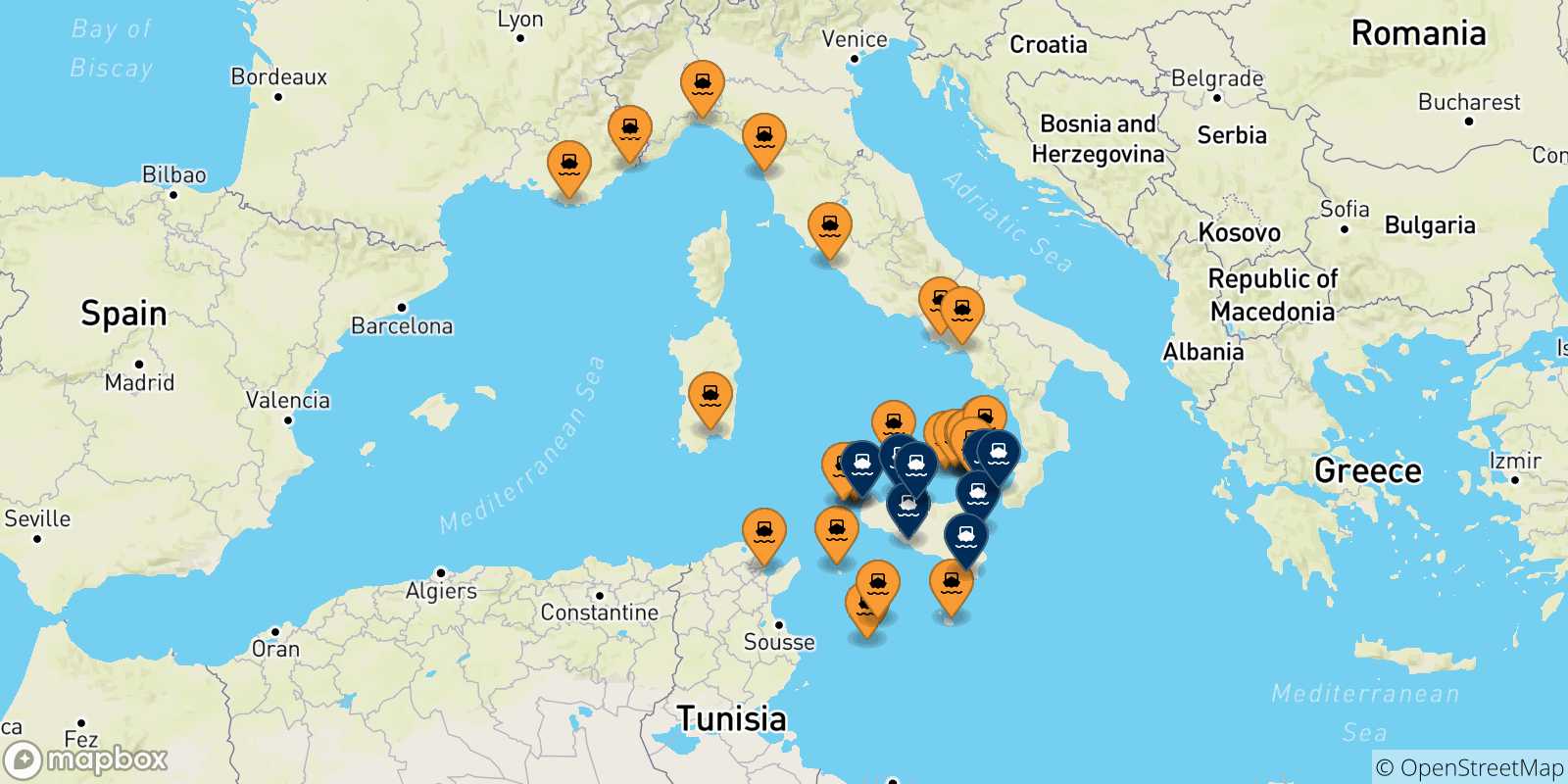 Mapa de los puertos conectados con  Sicilia