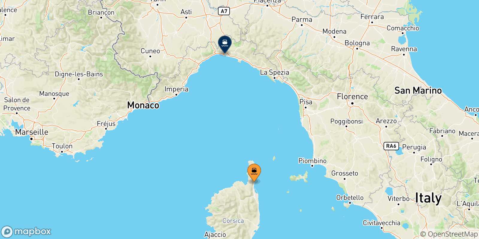 Mapa de las posibles rutas entre Córcega y  Genova