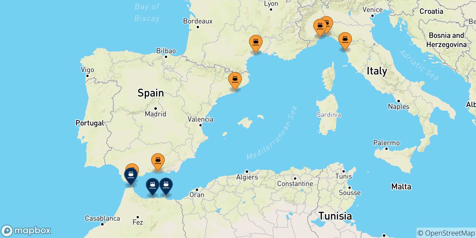 Mapa de los puertos conectados con  Marruecos