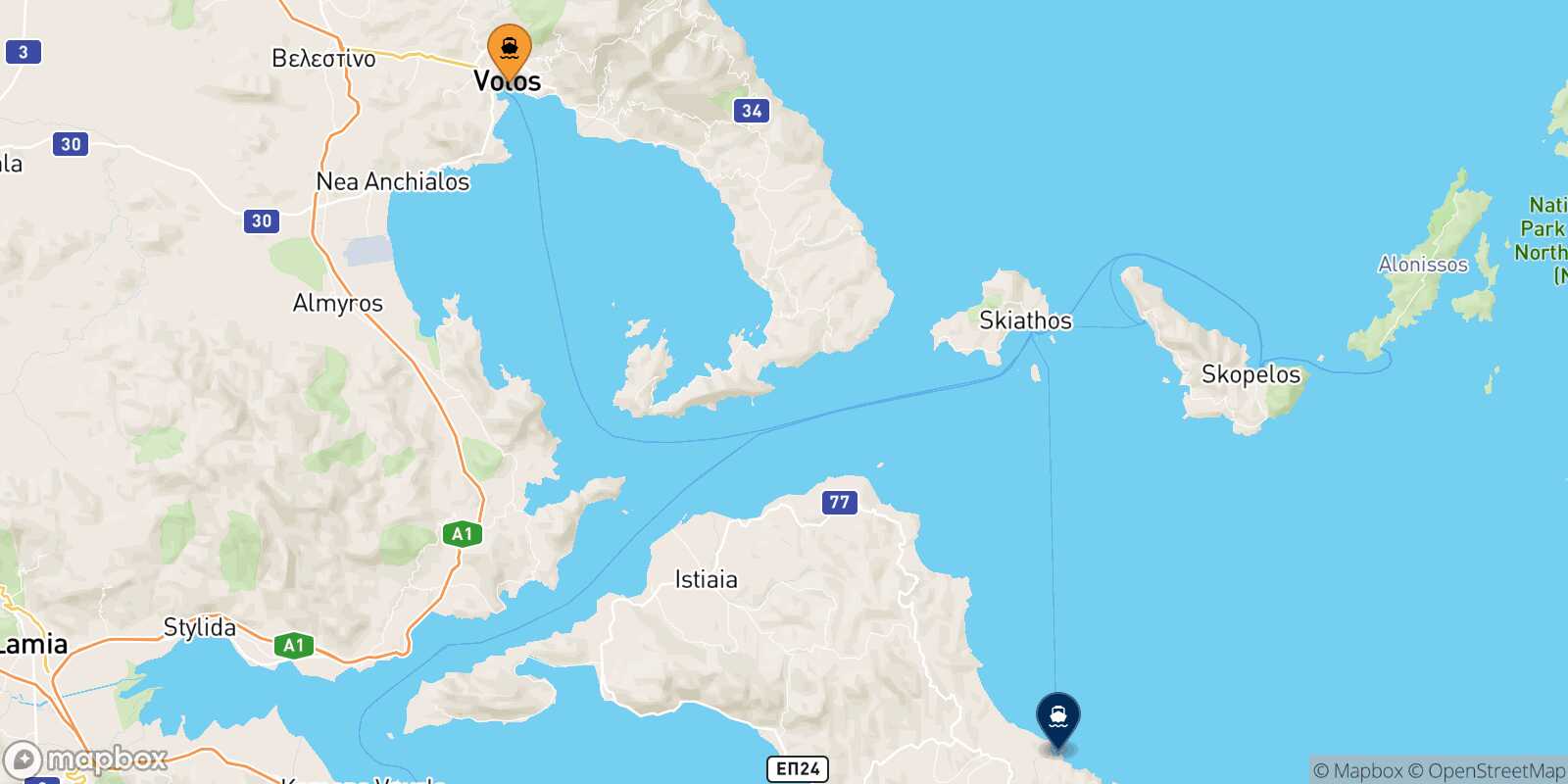 Mapa de la ruta Volos Mantoudi (Evia)