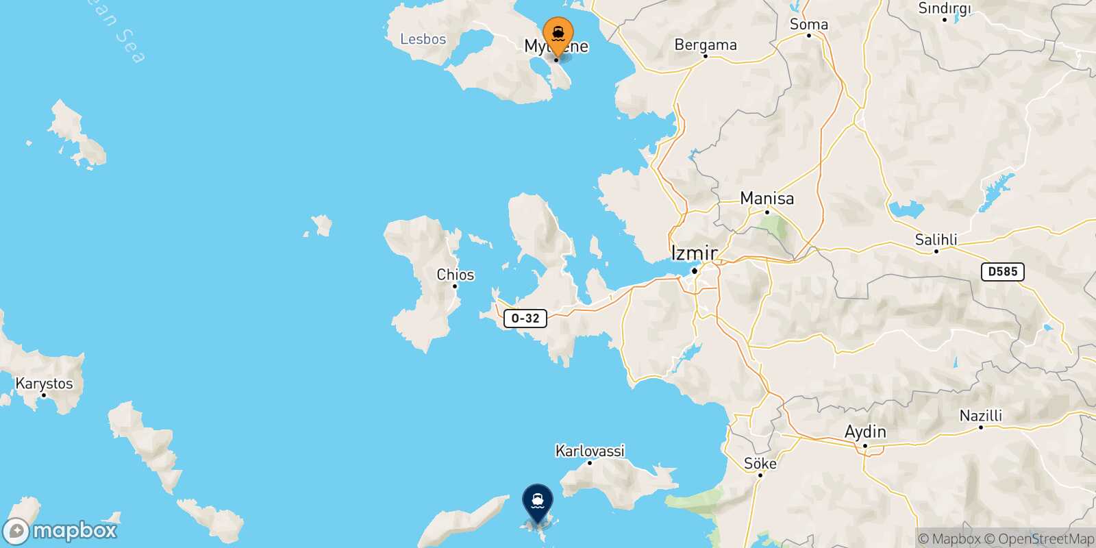 Mapa de la ruta Mytilene (Lesvos) Fourni
