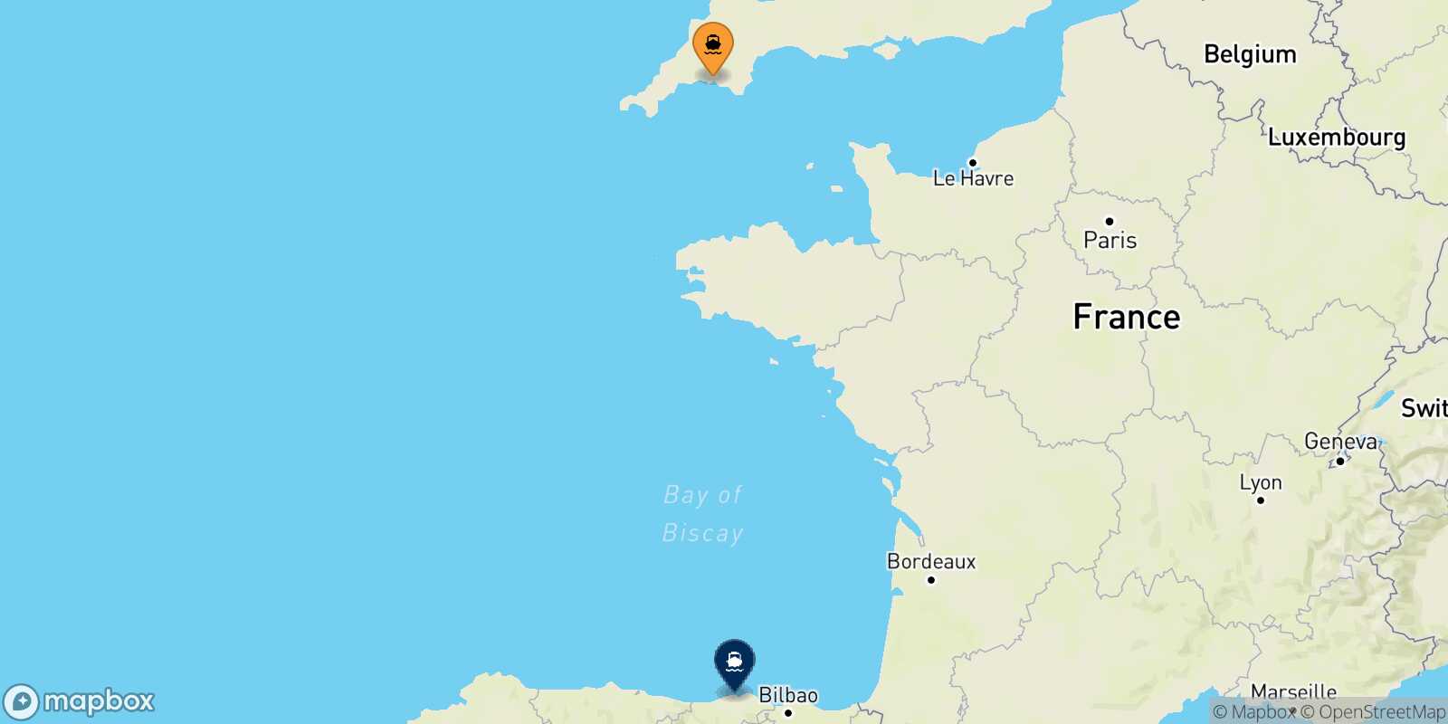 Mapa de la ruta Plymouth Santander
