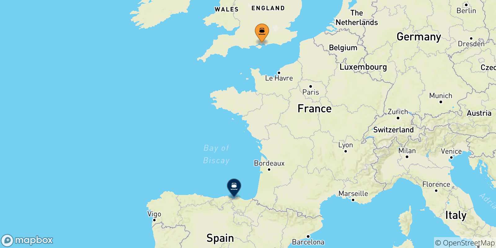 Mapa de las posibles rutas entre Reino Unido y  Bilbao