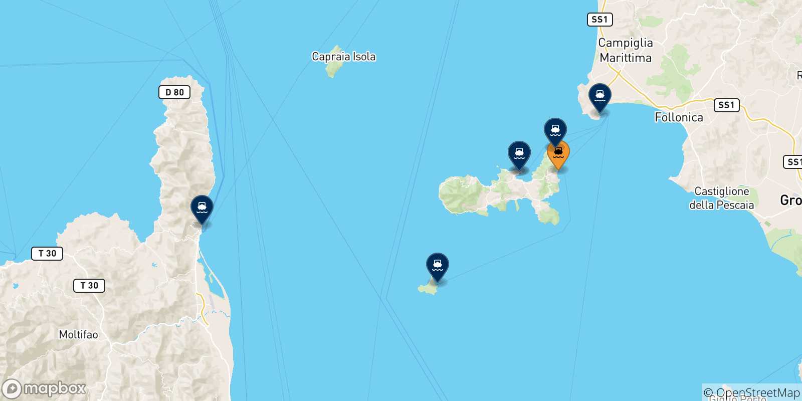 Mapa de los destinos alcanzables de Isla De Elba