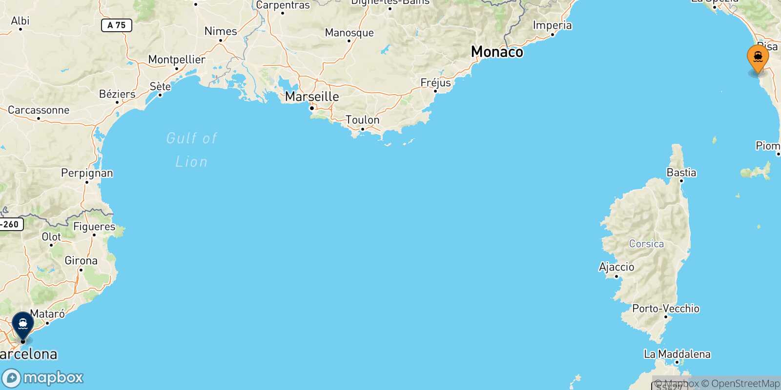 Mapa de los destinos alcanzables de Livorno