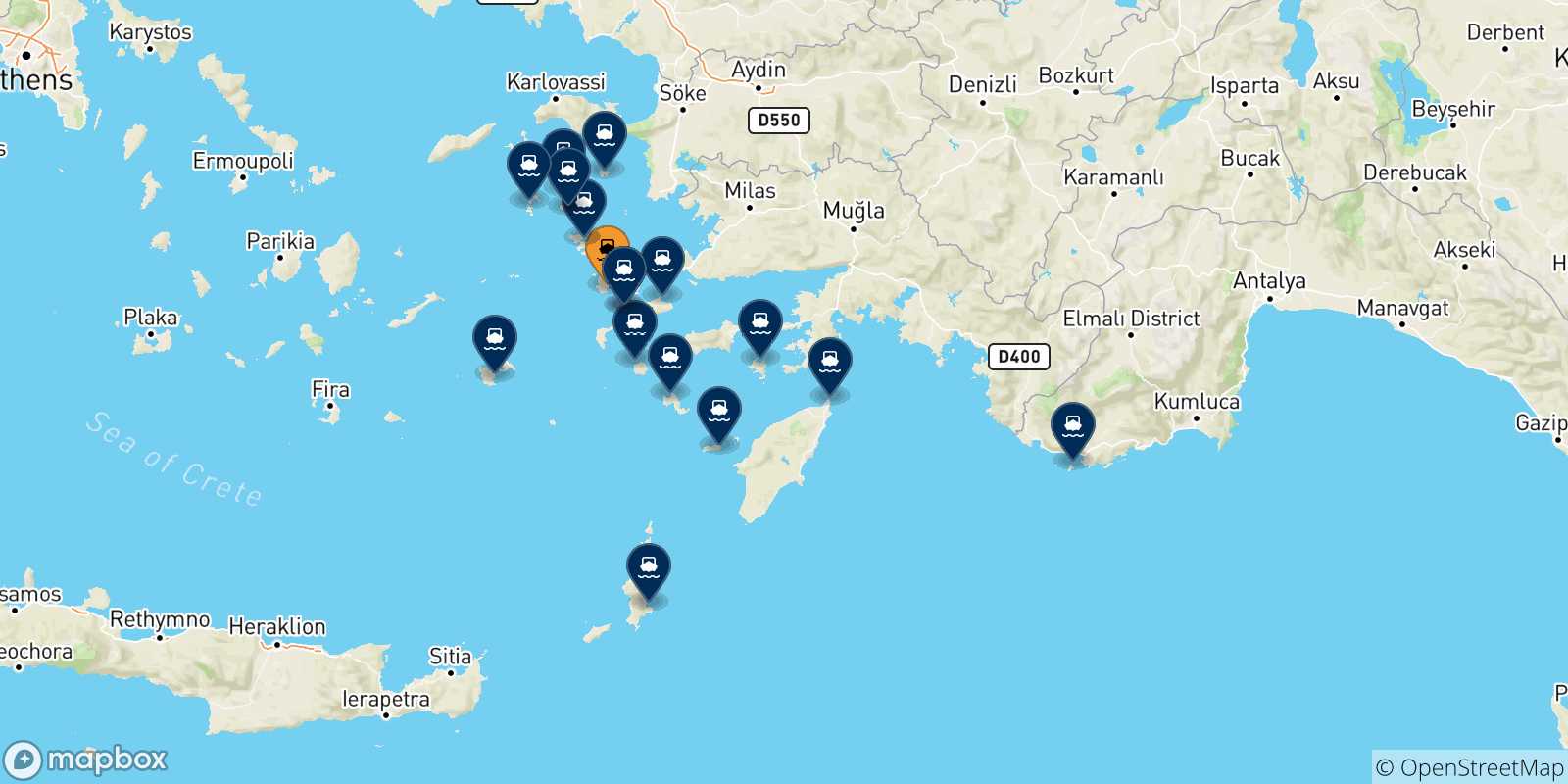 Mapa de las posibles rutas entre Kalymnos y  Dodecaneso