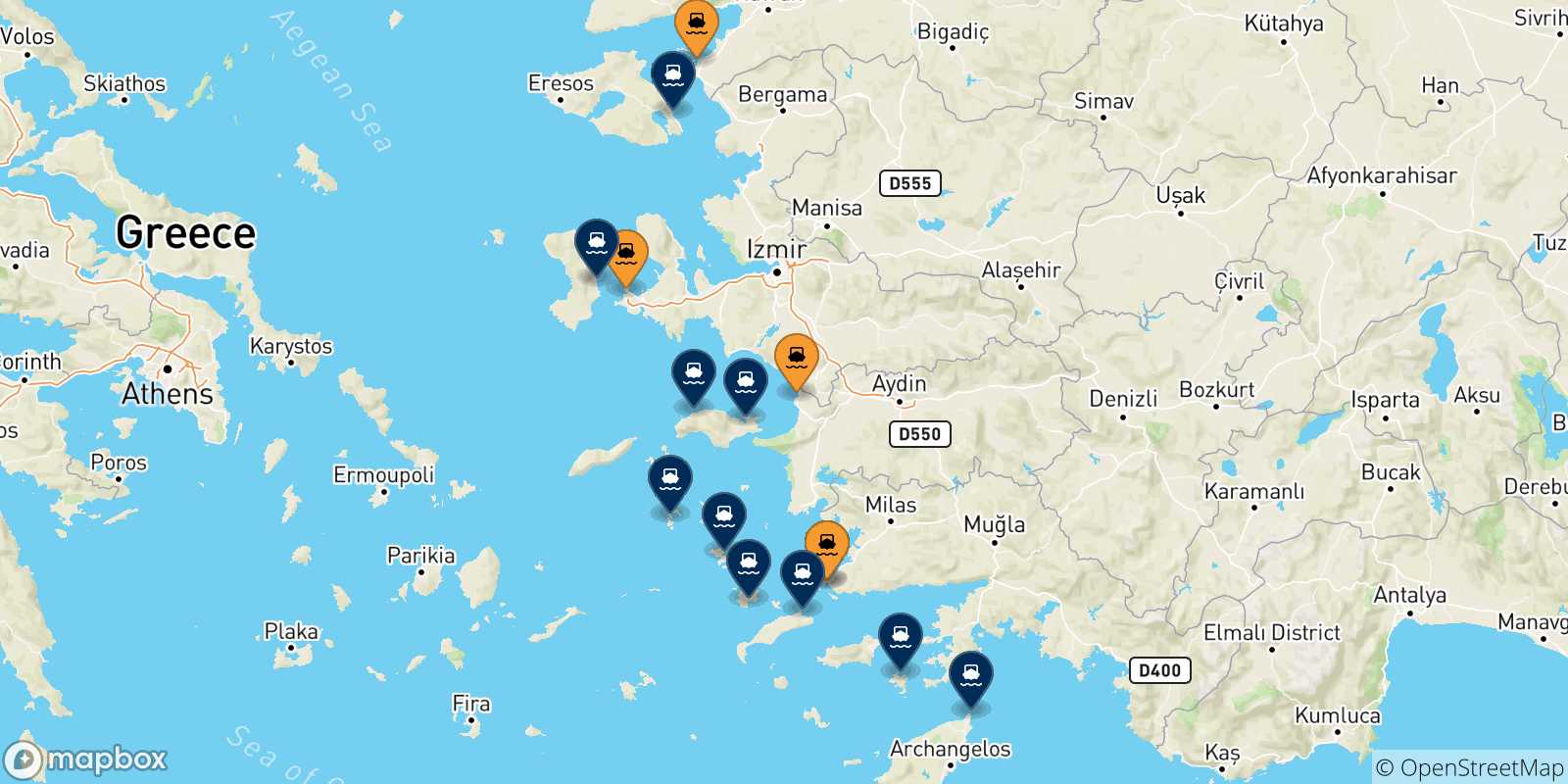 Mapa de los destinos alcanzables de Turquía