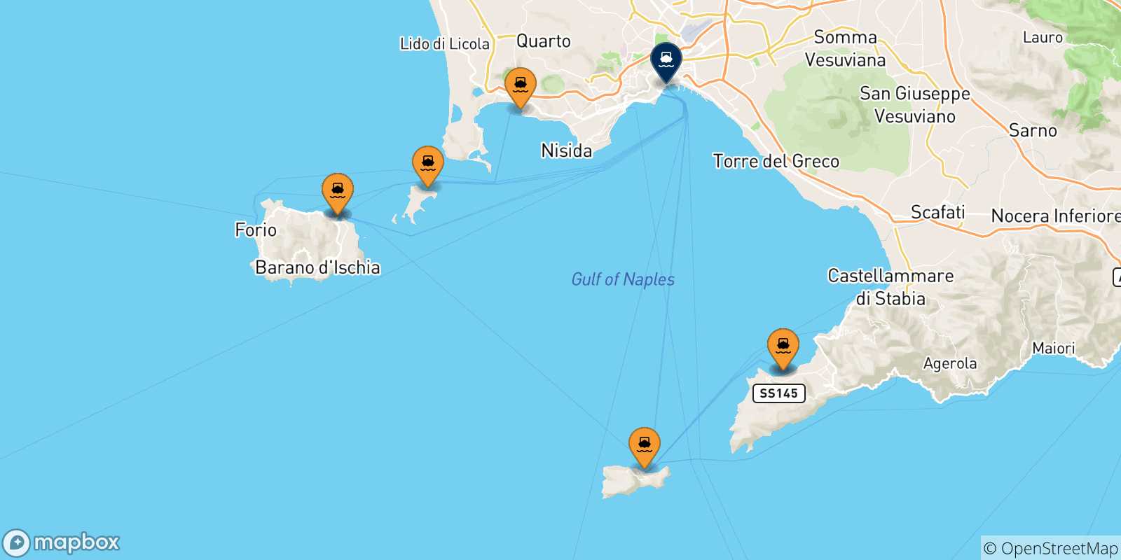 Mapa de las posibles rutas entre Italia y  Nápoles Beverello