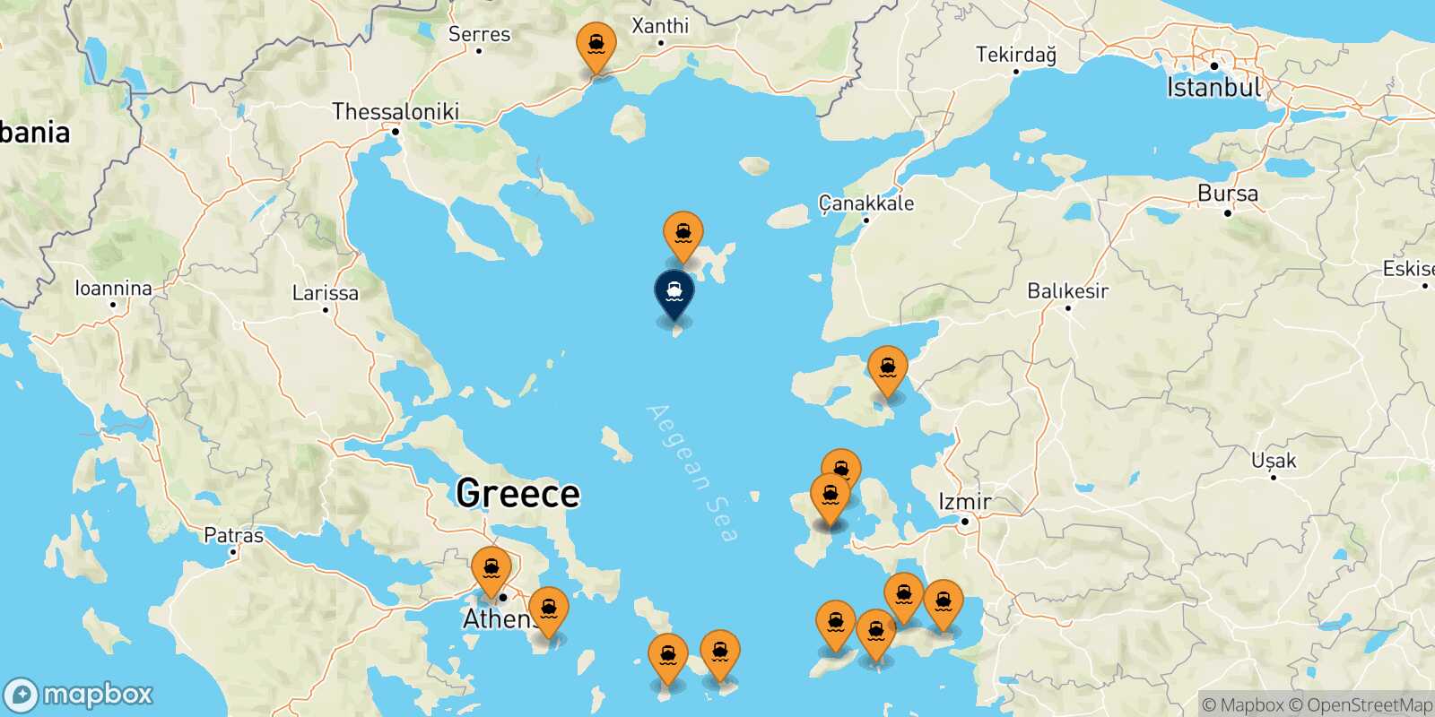 Mapa de los puertos conectados con  Agios Efstratios