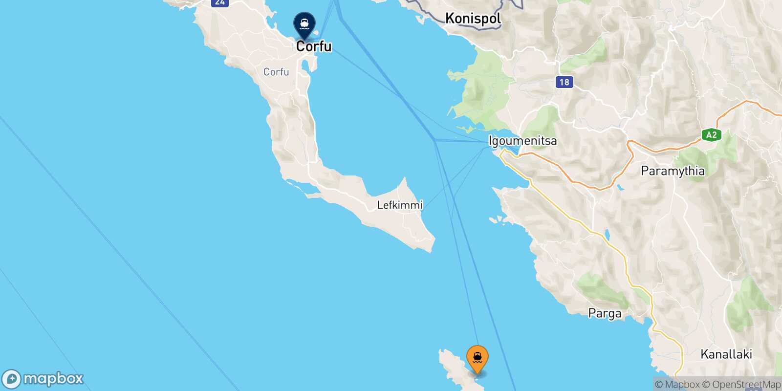 Mapa de la ruta Paxos Corfu