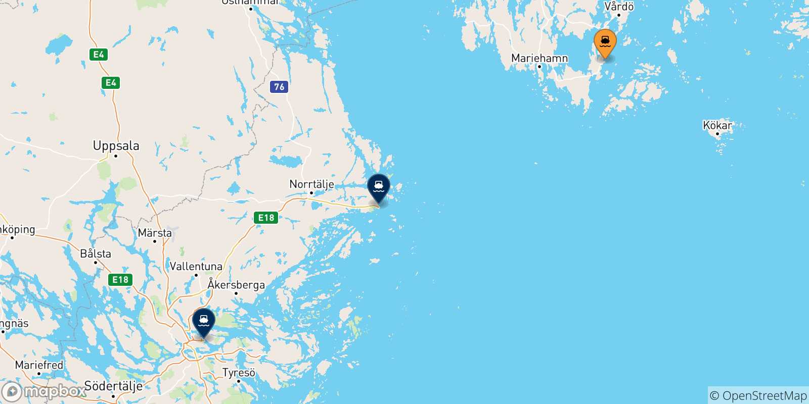 Mapa de las posibles rutas entre Långnäs y  Suecia
