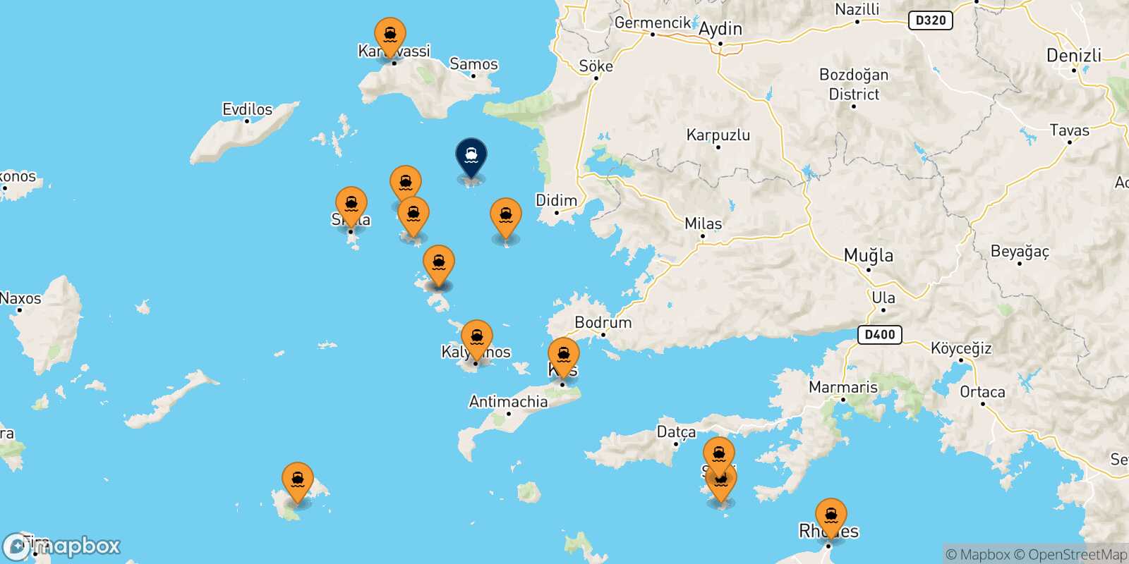 Mapa de los puertos conectados con  Agathonisi
