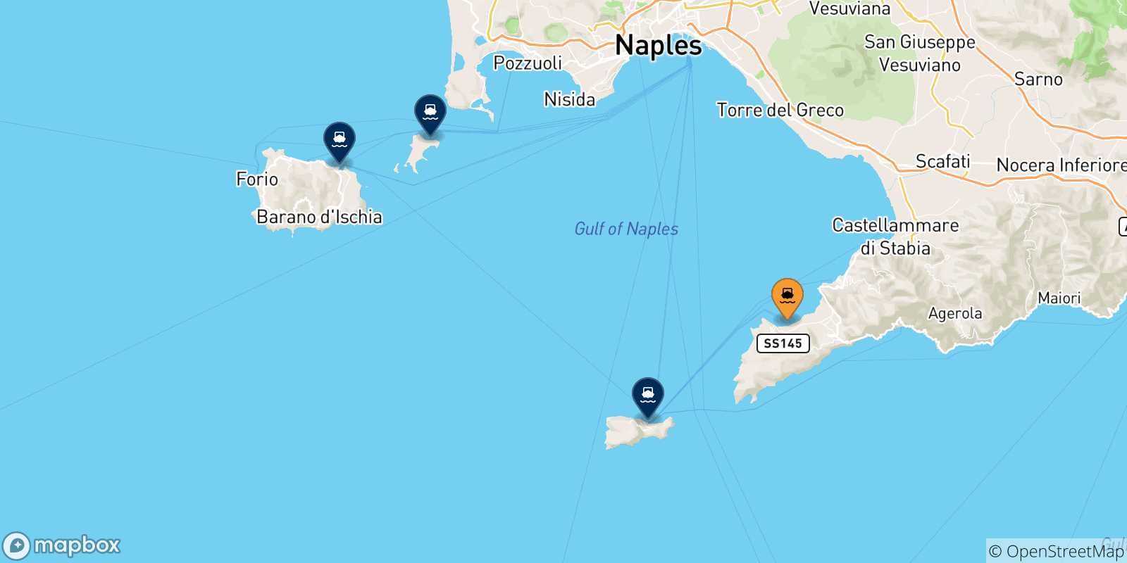 Mapa de las posibles rutas entre Sorrento y  Golfo De Nápoles
