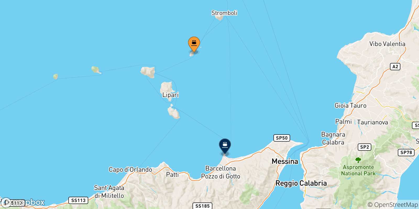 Mapa de las posibles rutas entre Panarea y  Sicilia