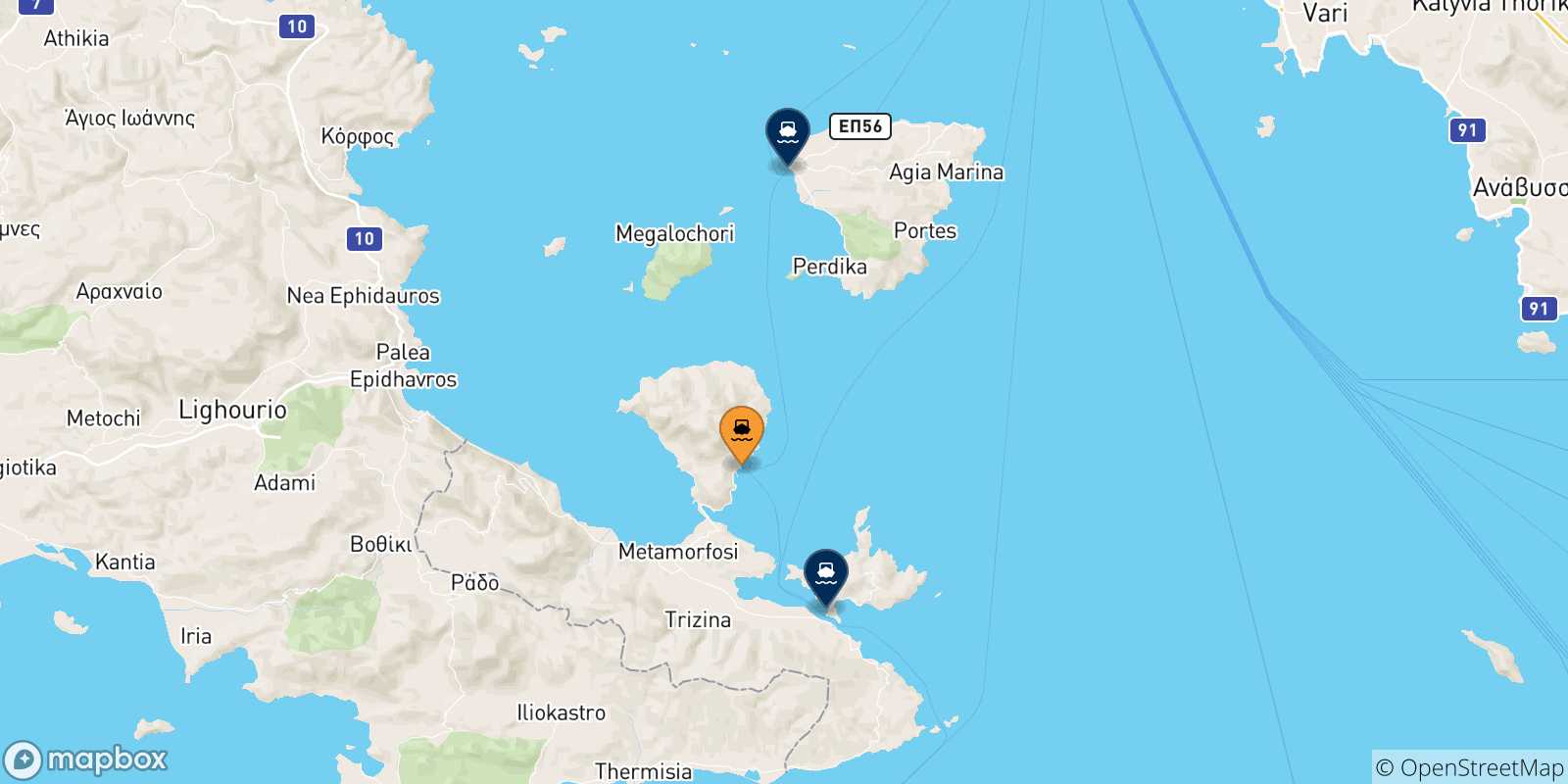 Mapa de las posibles rutas entre Methana y  Islas Sarónicas