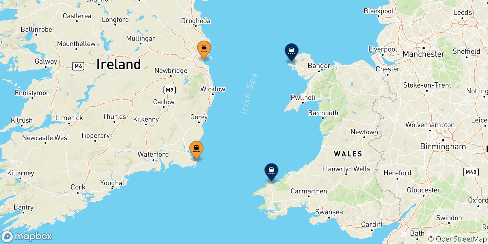 Mapa de las posibles rutas entre Irlanda y  Reino Unido