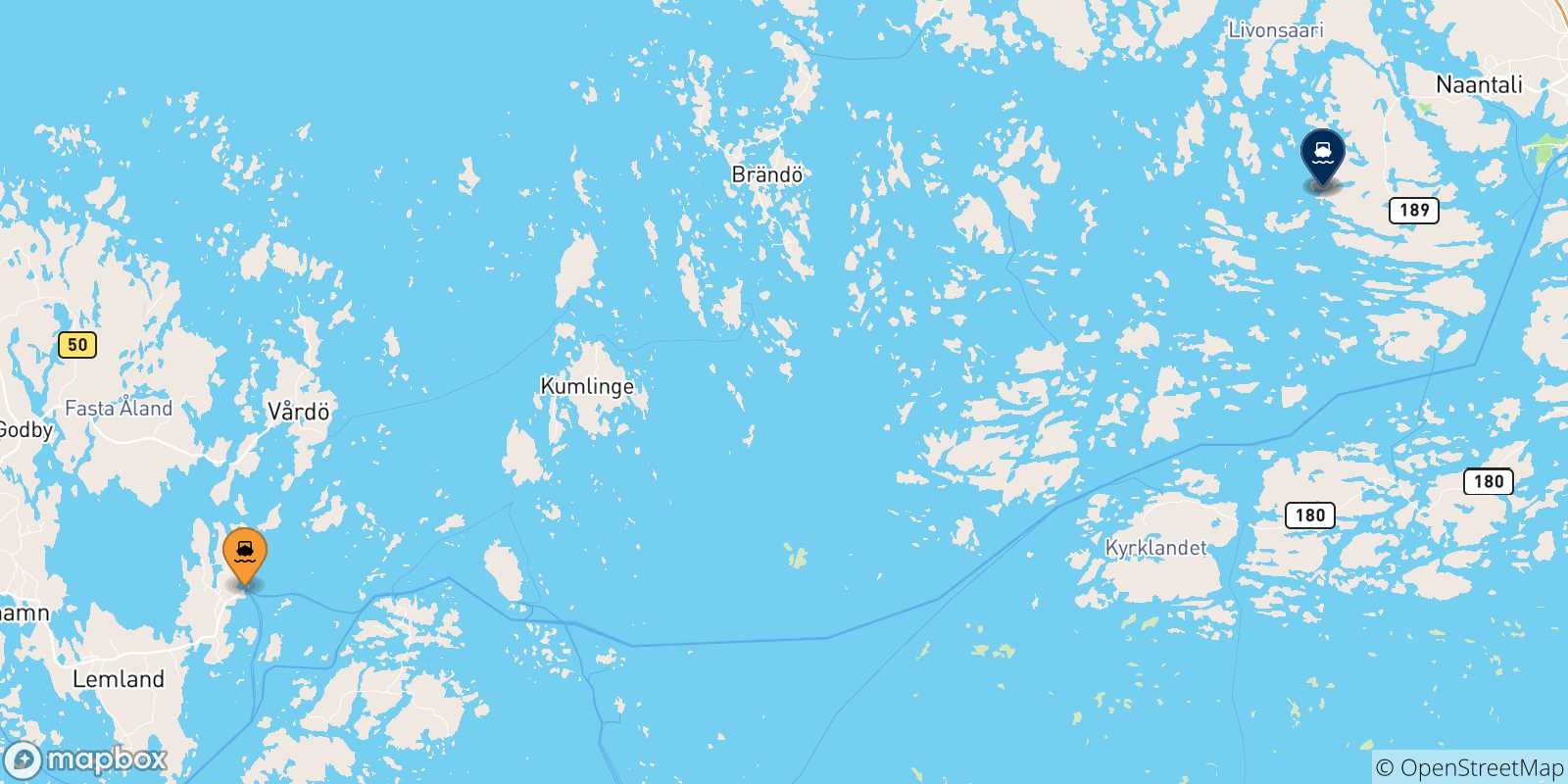 Mapa de las posibles rutas entre Långnäs y  Finlandia