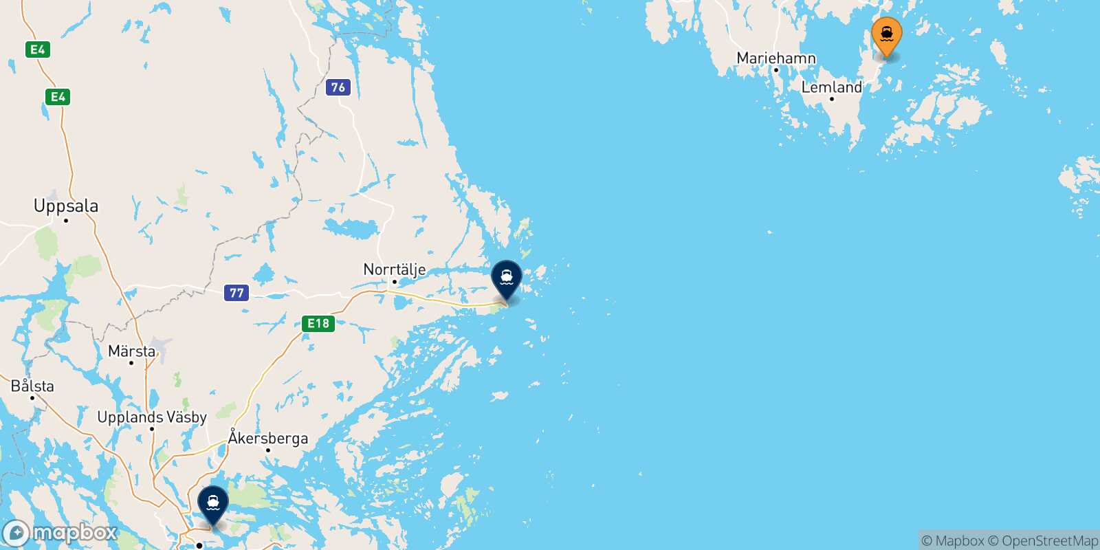 Mapa de los destinos alcanzables de Långnäs