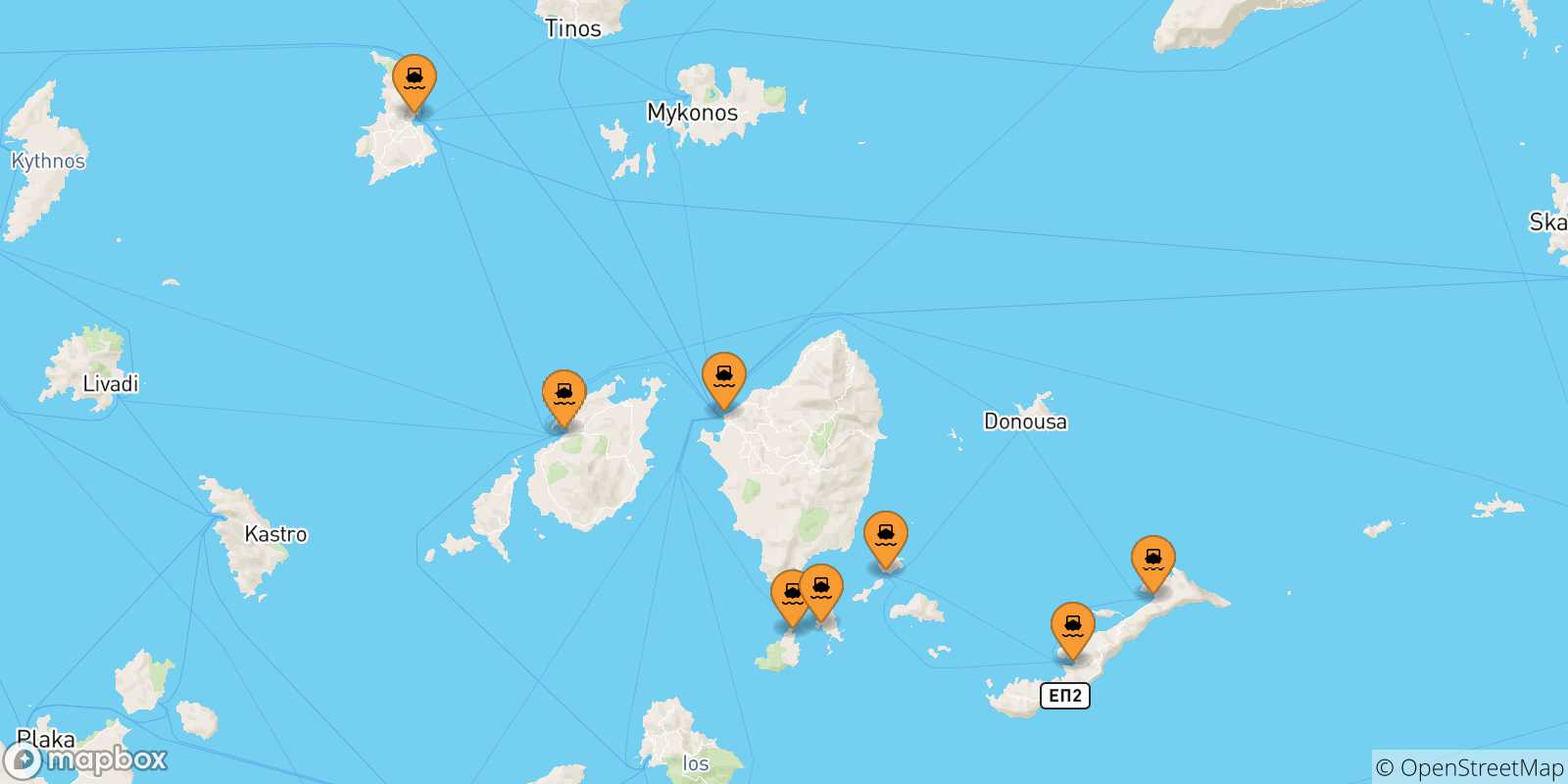 Mapa de las posibles rutas entre Las Cicladas y  Donoussa