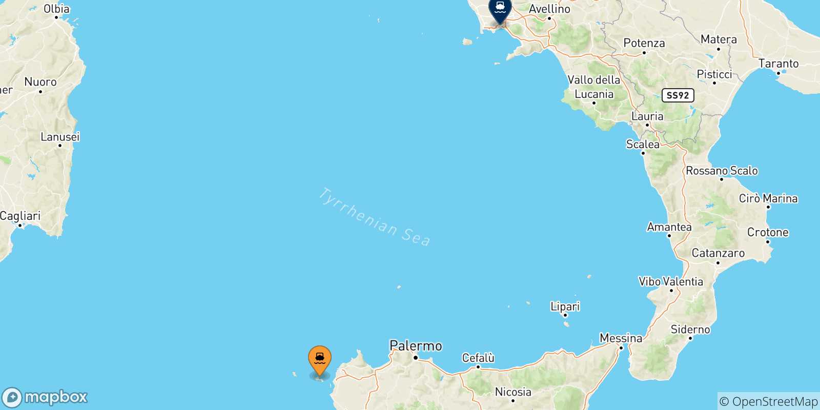 Mapa de las posibles rutas entre Islas Egadas y  Nápoles Beverello