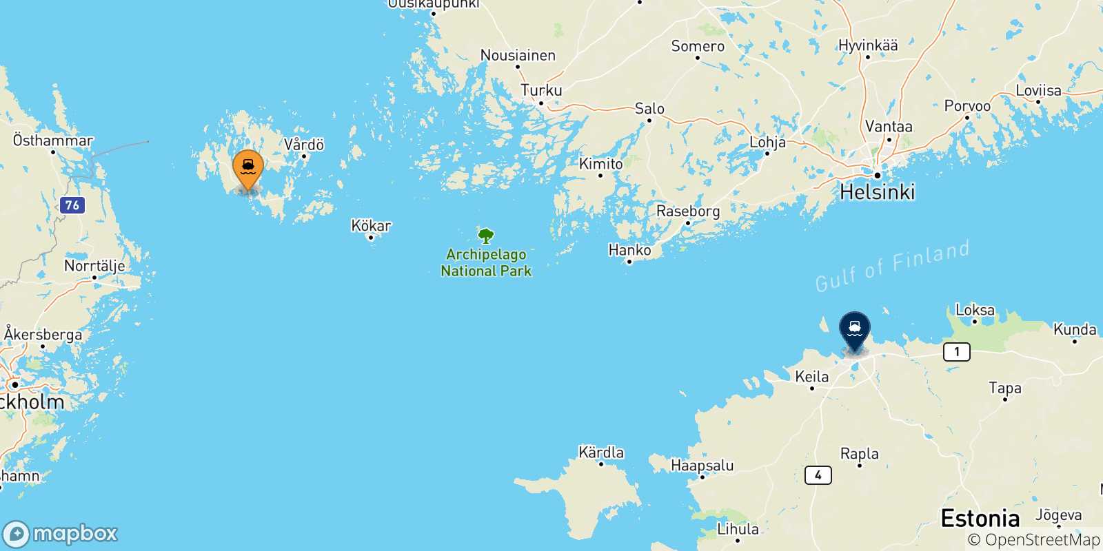 Mapa de las posibles rutas entre Islas Aland y  Tallin