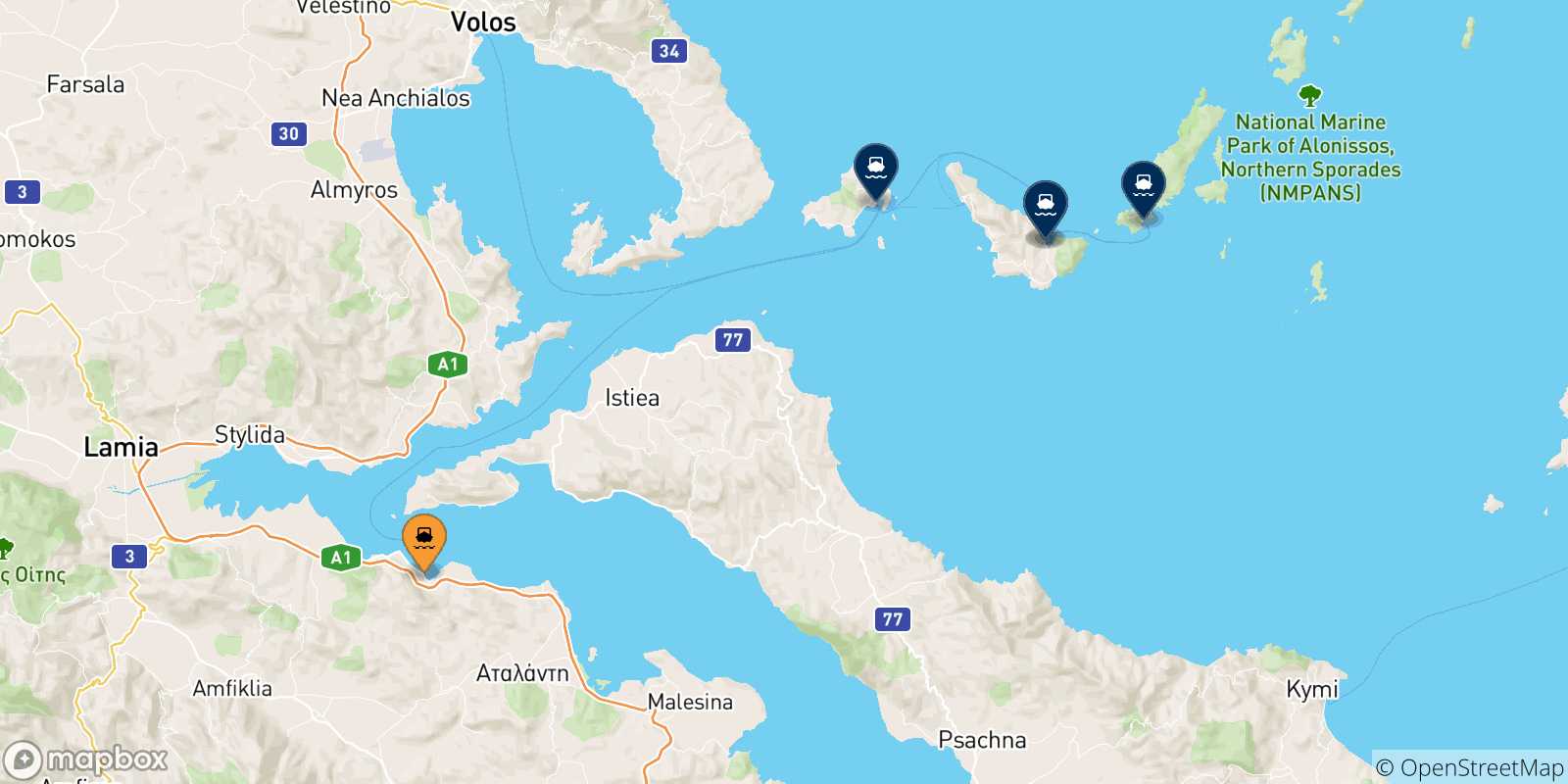Mapa de las posibles rutas entre Agios Konstantinos y  Grecia