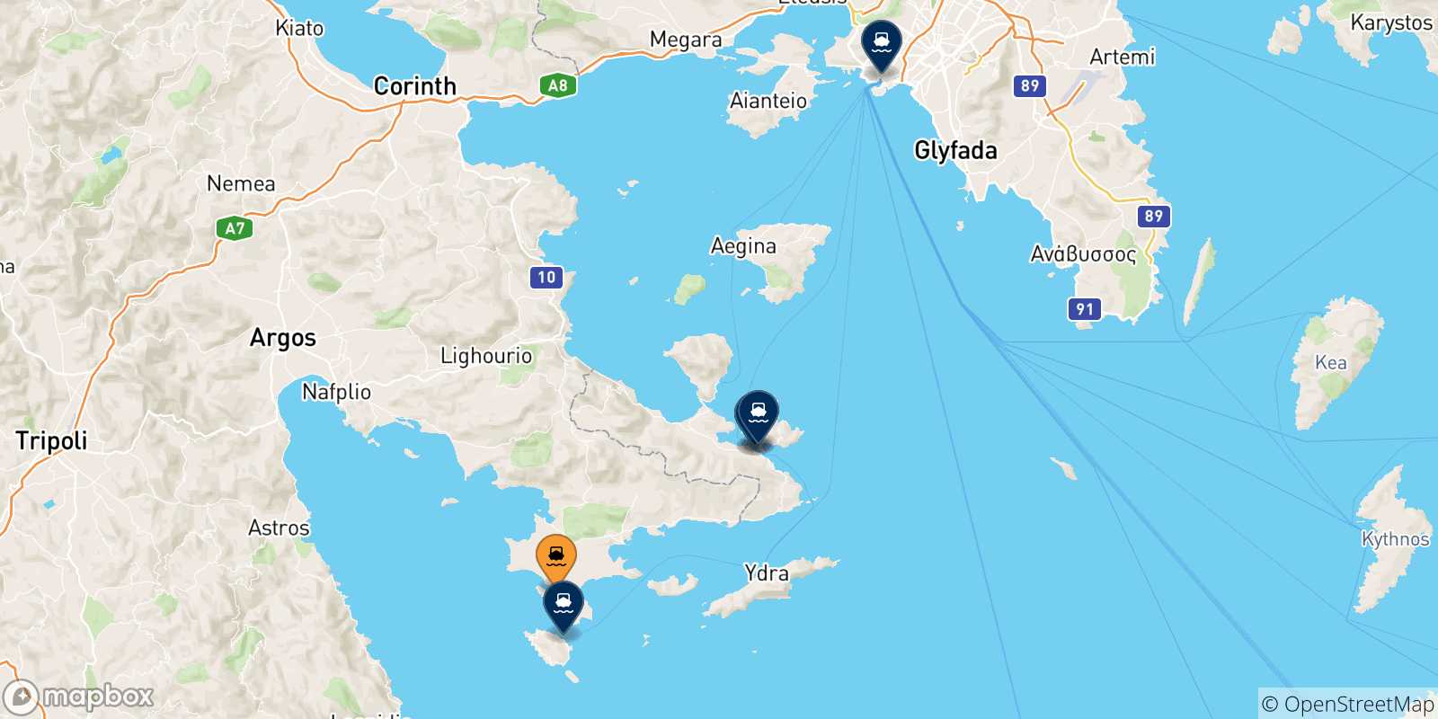 Mapa de las posibles rutas entre Porto Heli y  Grecia
