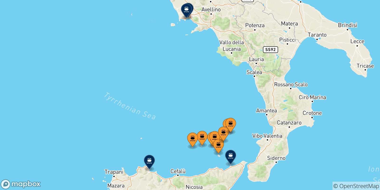 Mapa de las posibles rutas entre Islas Eólicas y  Italia