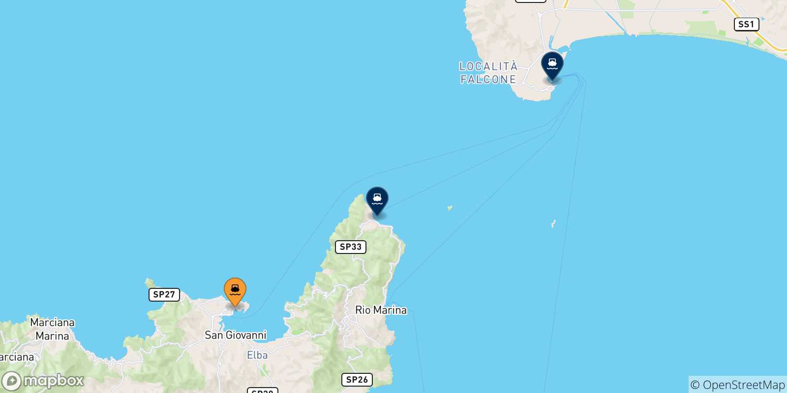 Mapa de las posibles rutas entre Portoferraio y  Italia