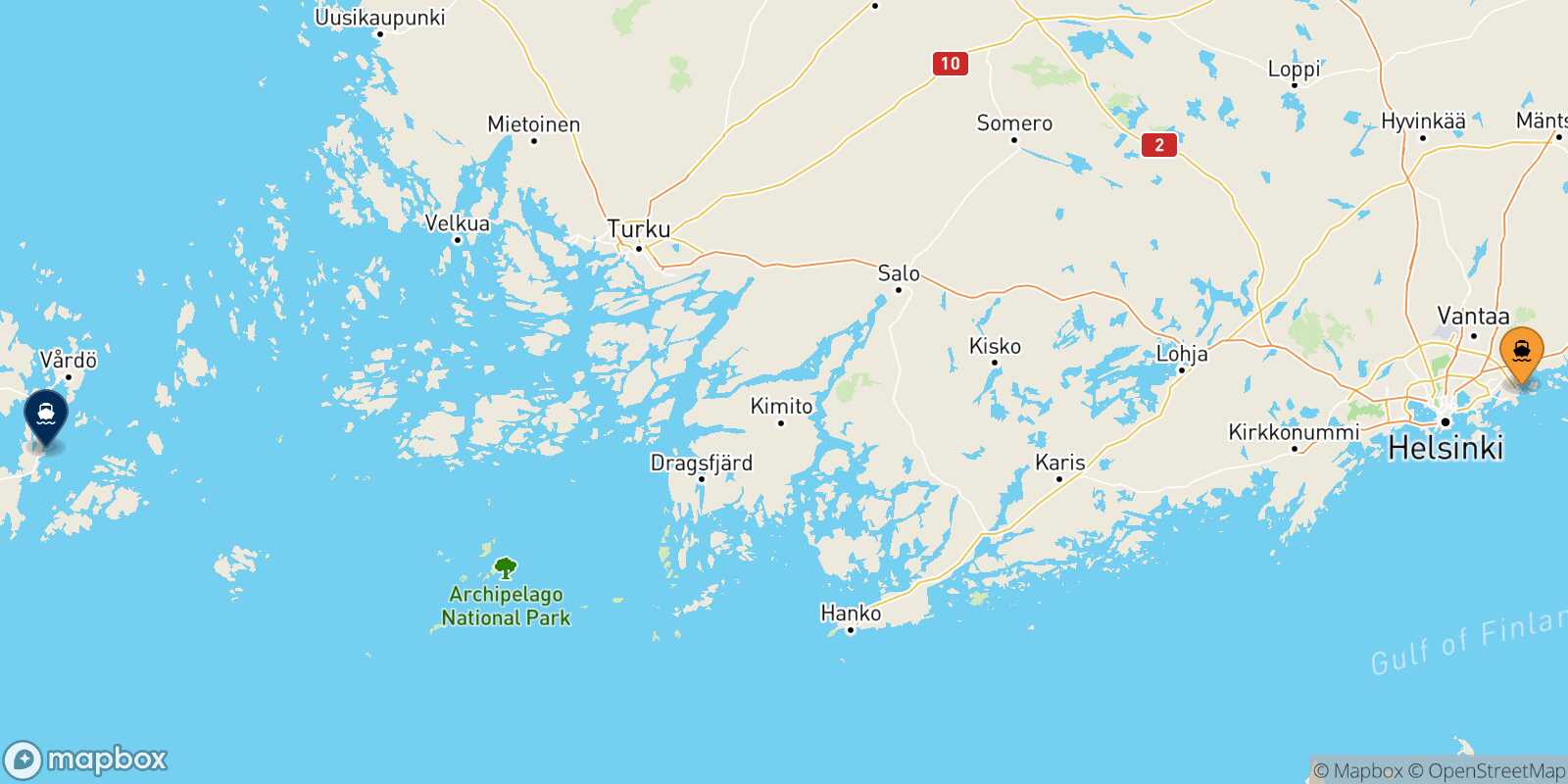 Mapa de la ruta Helsinki Långnäs