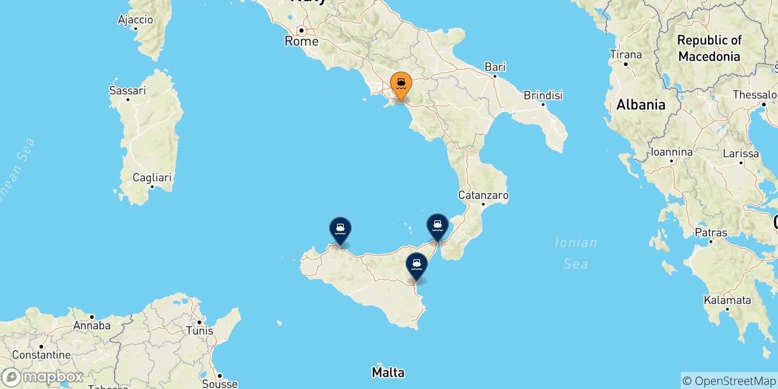 Mapa de las posibles rutas entre Salerno y  Italia