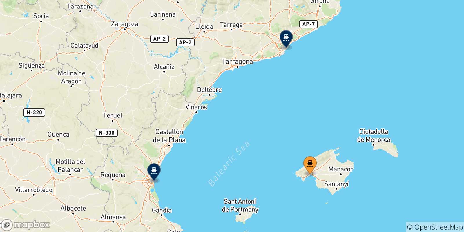 Mapa de las posibles rutas entre Palma De Mallorca y  España
