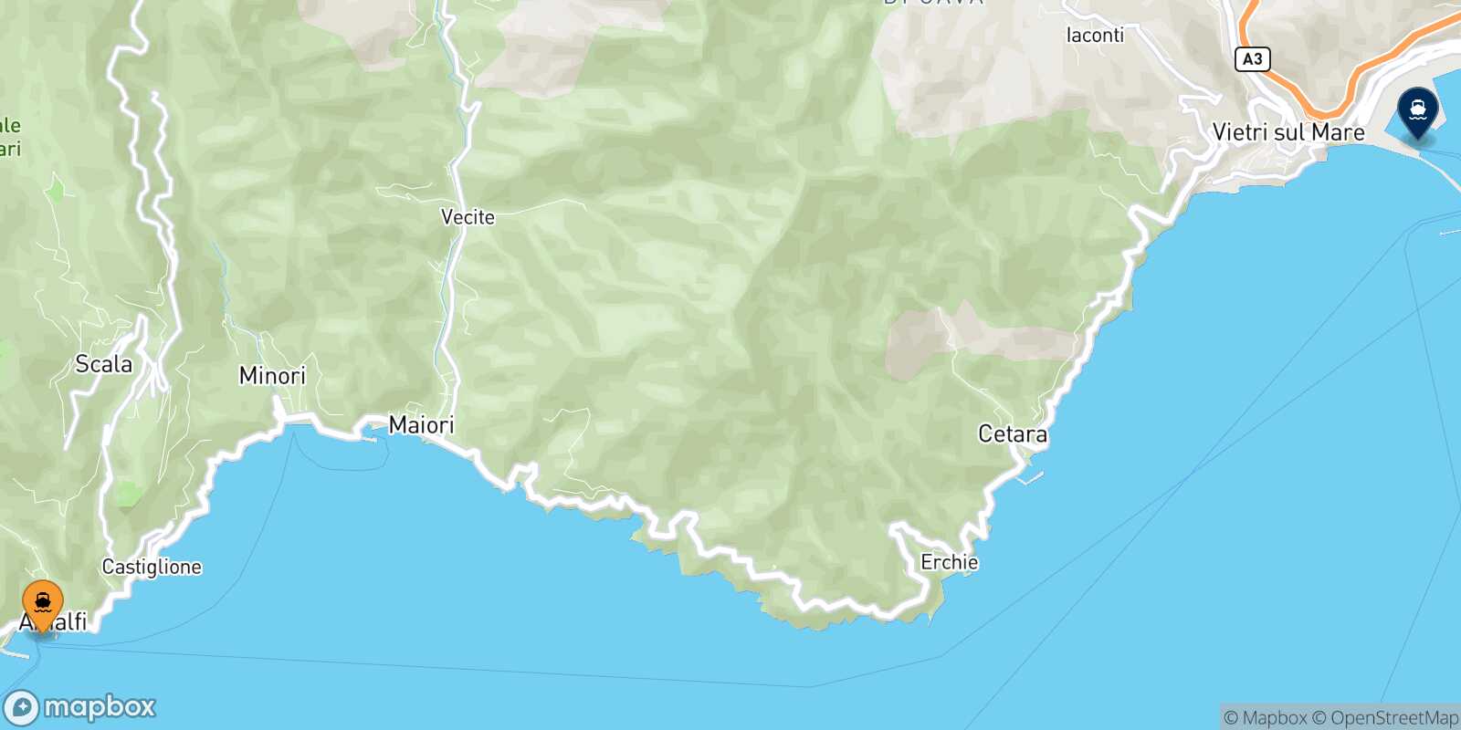 Mapa de la ruta Amalfi Salerno