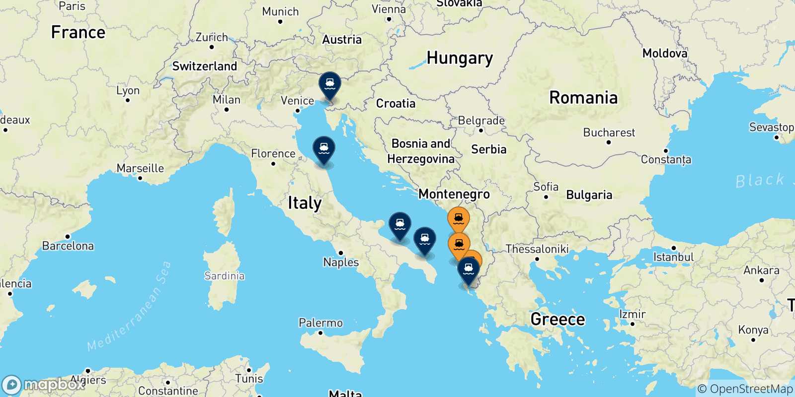 Mapa de los destinos alcanzables de Albania